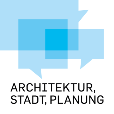 Übereinander läppende, blaue Sprechblasen, darunter steht &quot;Architektur, Stadt, Planung&quot;