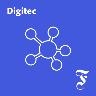 Auf einem lilafarbenen Hintergrund steht oben links in der Ecke &quot;Digitec&quot; und unten rechts das Logo der FAZ. In der Mitte befindet sich ein Molekül