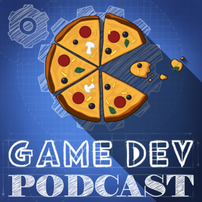 Im Hintergrund befindet sich die Grafik von zwei Zahnrädern, auf dem größeren Zahnrad befindet sich eine Pizza, der ein Teil fehlt, wodurch sie &quot;Pacman&quot; ähnelt. Darunter steht in weißen Großbuchstaben &quot;Game Dev Podcast&quot;
