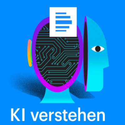 die Grafik eines Kopfes ist zu sehen, das Gesicht schwingt wie eine Tür zur Seite, im Kopf sieht man Sensoren-artige Formen. In weißen Druckbuchstaben steht darunter &quot;KI verstehen&quot; geschrieben 