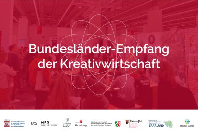 Bild von Buchmesse Empfang mit rotem Filter und Bundesländer-Logos