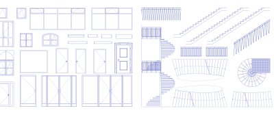 Minimalistische Grafik bestehend aus Anordnung von verschiedenen Fenstern, Türen und Treppen
